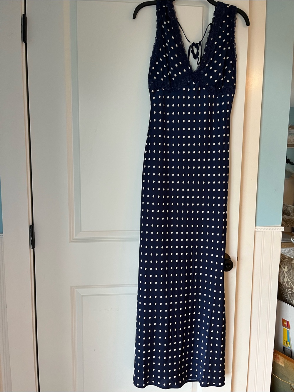 Polka Dot Navy Maxi Dress with Lace Trim